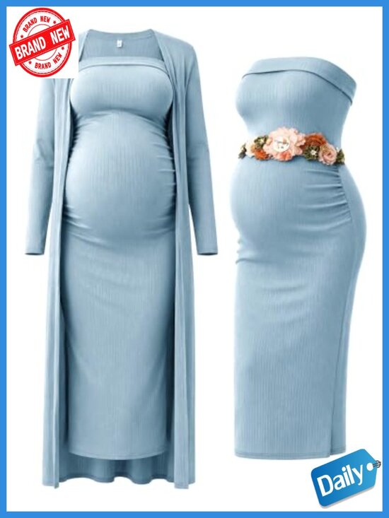 Dresses & Skirts - 2 Piece Maternity Dress Cardigan Bodycon Strapless Maxi Dresses for Baby Shower